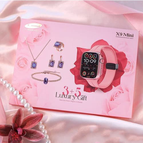پک هدیه زنانه ساعت هوشمند X_INOVA مدل X9-mini همراه سرویس زیورآلات و 3 عدد بند