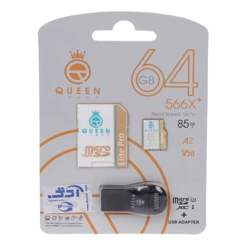 کارت حافظه Micro SDXC کوئین تک مدل 566X کلاس 10 استاندارد UHS-I U3 سرعت 85MBps ظرفیت 64 گیگابایت به همراه آداپتور SD و رم ریدر